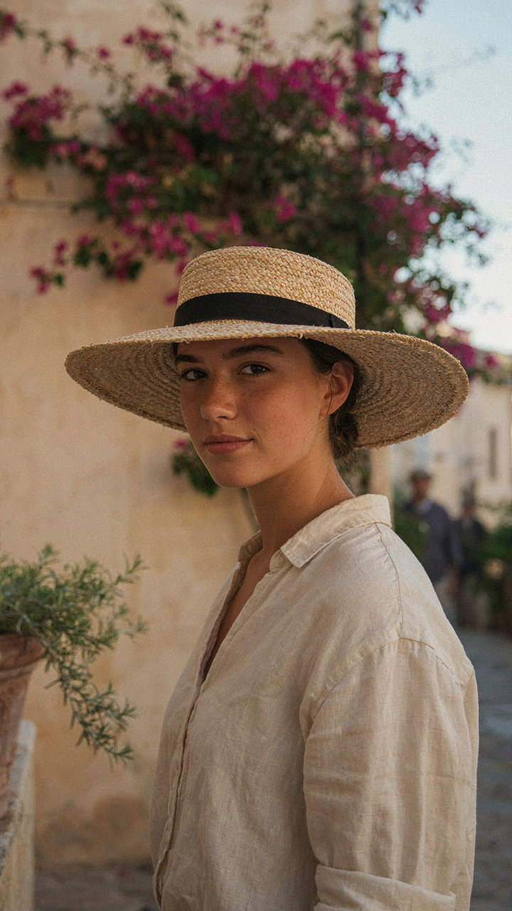 A broad-brimmed straw hat provides ample shade for a person's face.