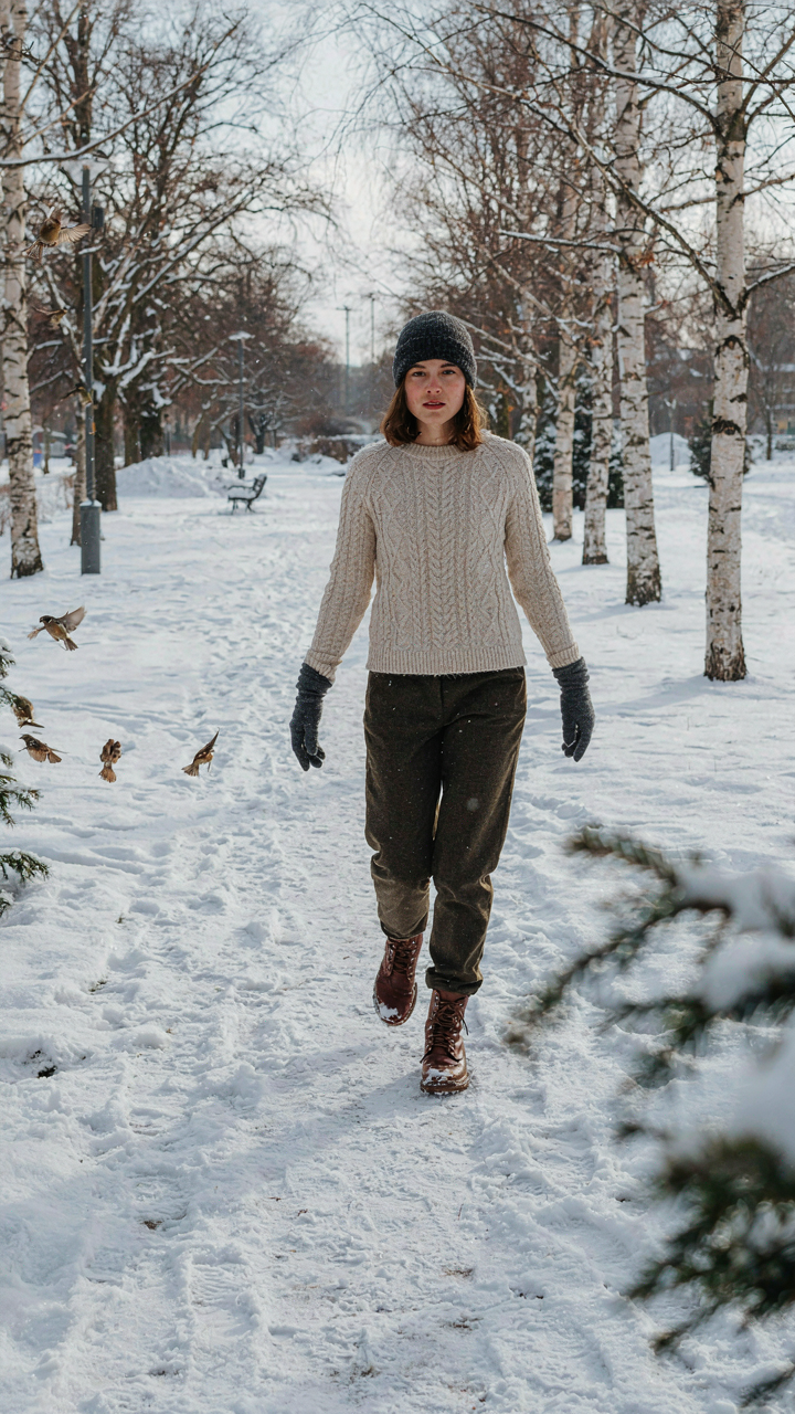 A person in a merino wool beanie and gloves walks comfortably through a snowy park.