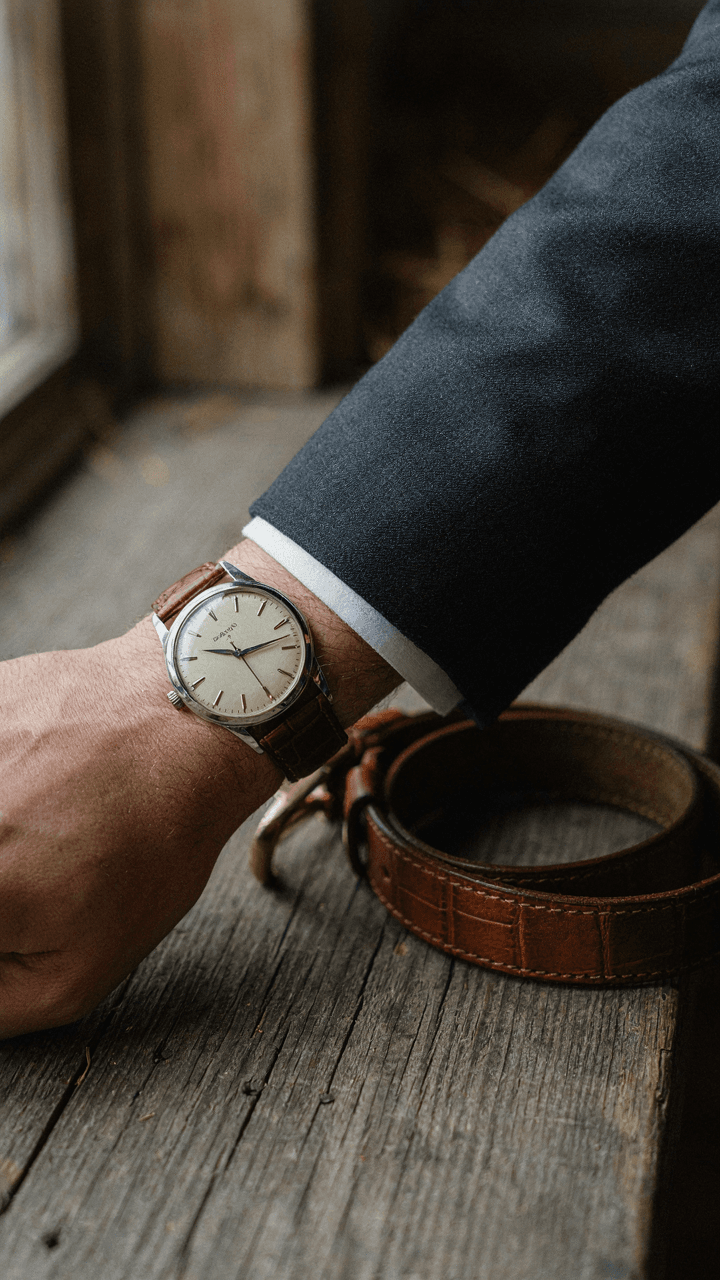 A vintage watch and a leather belt complement a polished outfit.