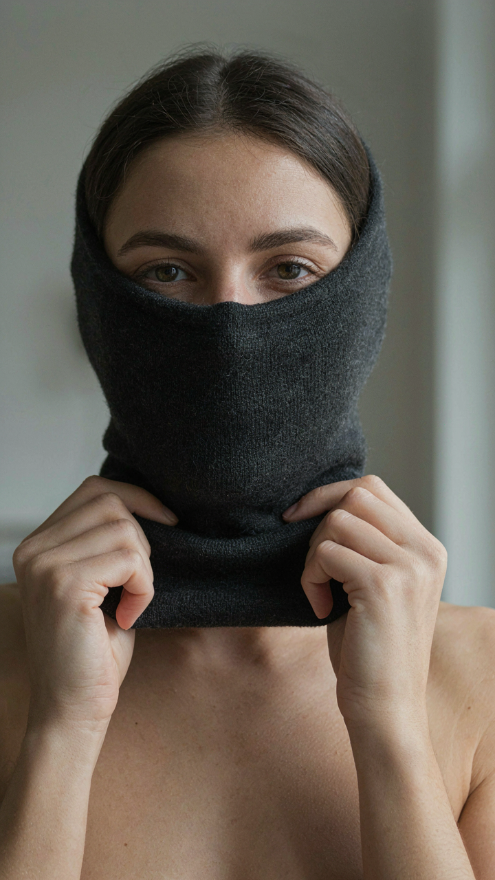 A woman's hands hold a versatile merino wool buff over her neck.