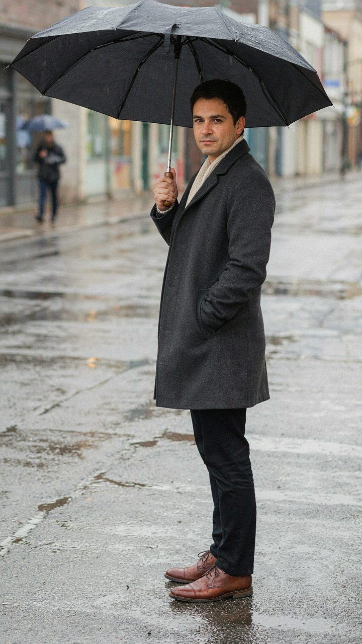 A hand holds a dark, robust umbrella with a polished wooden handle over wet ground.