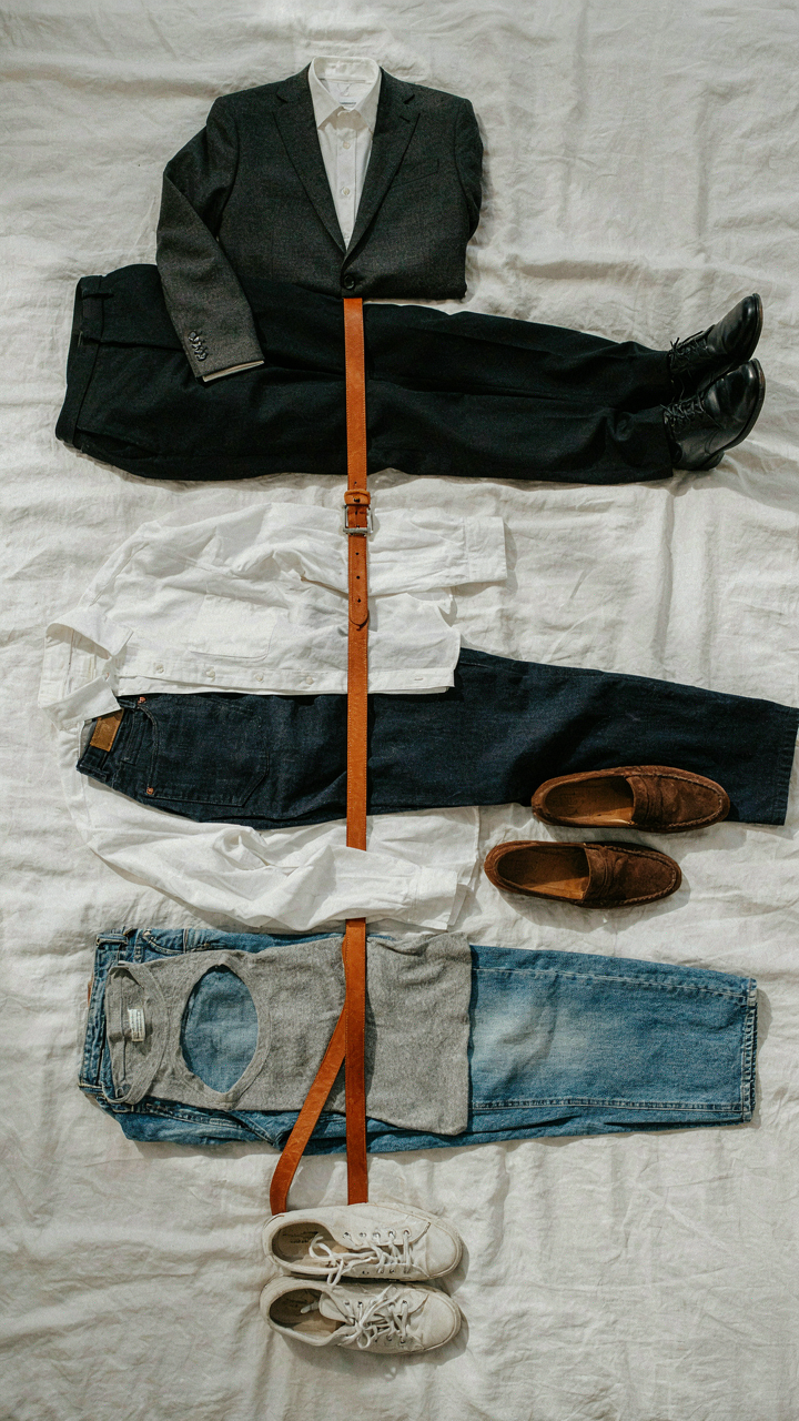A single leather belt styled with three distinct outfits on a bed.