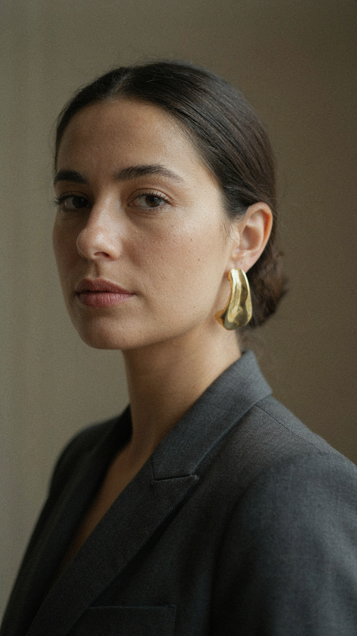 A woman in a tailored pantsuit wears one large statement earring.