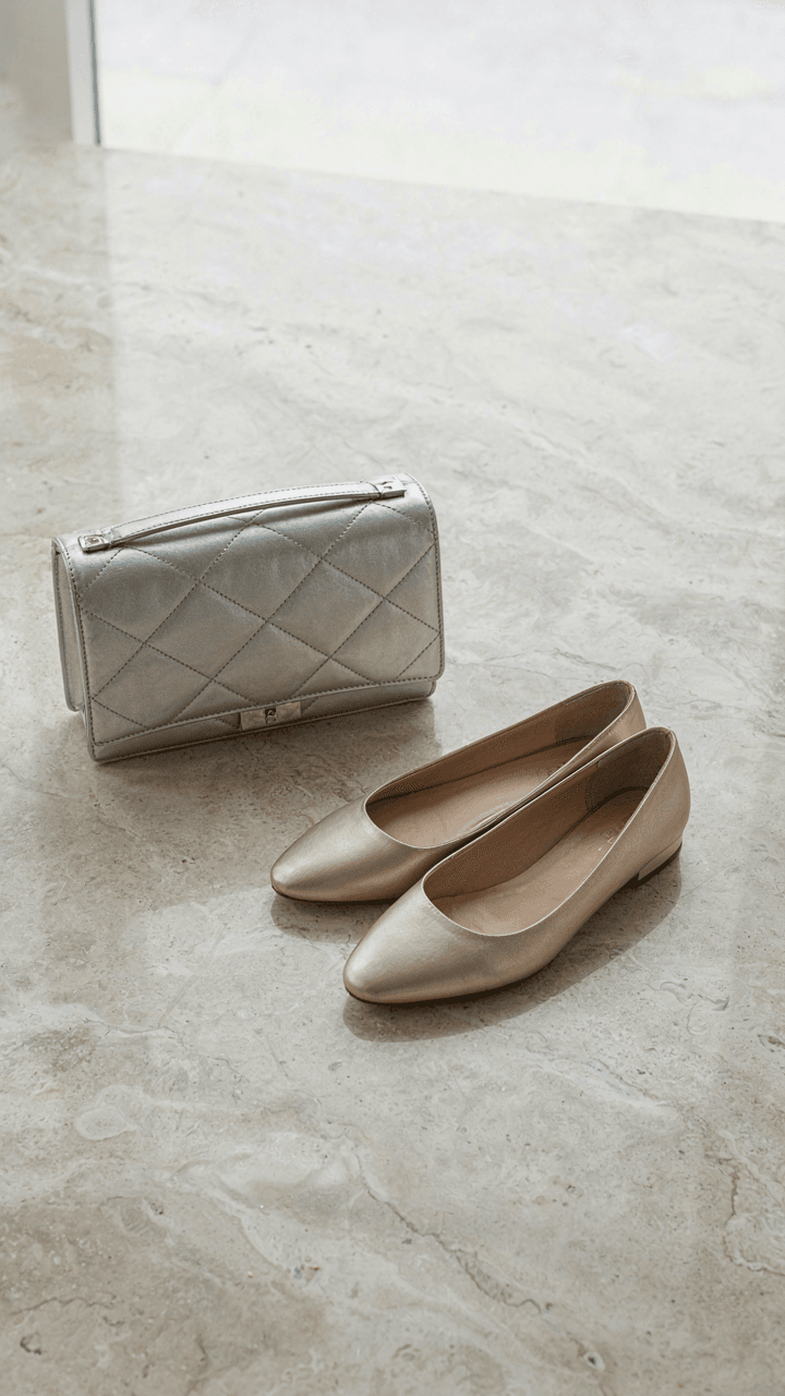 Silver clutch bag next to elegant metallic closed-toe flats.
