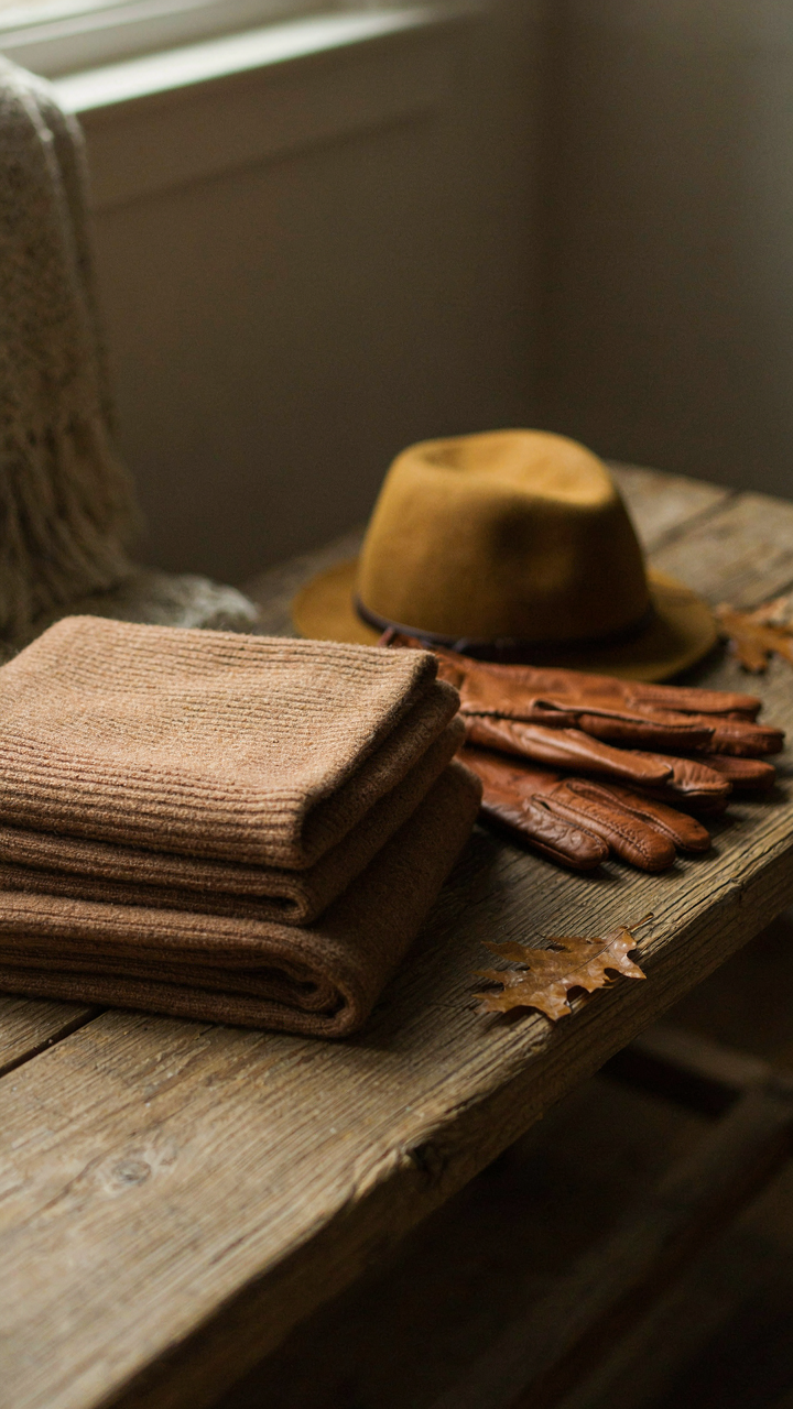 A merino wool scarf, leather gloves, and a hat sit on a wooden bench.