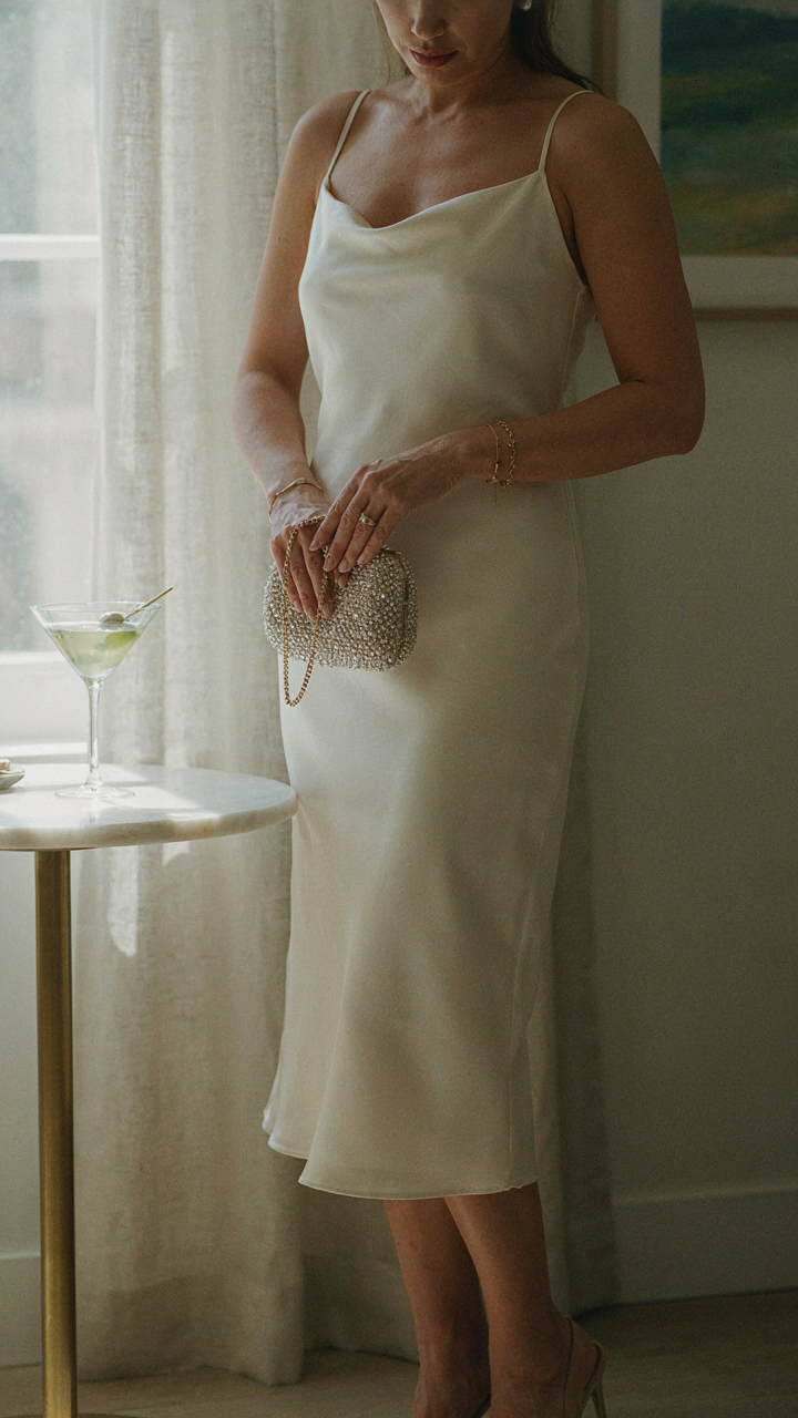 A woman's hand with jewelry holds a clutch bag, a tuxedo jumpsuit women accessory.