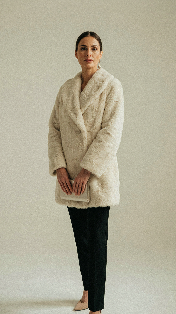 Woman in a faux fur wrap with a single metallic drop earring and clutch.