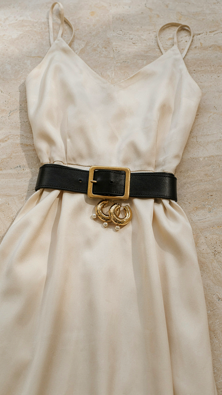 A structured belt cinched on a dress, with statement earrings nearby.