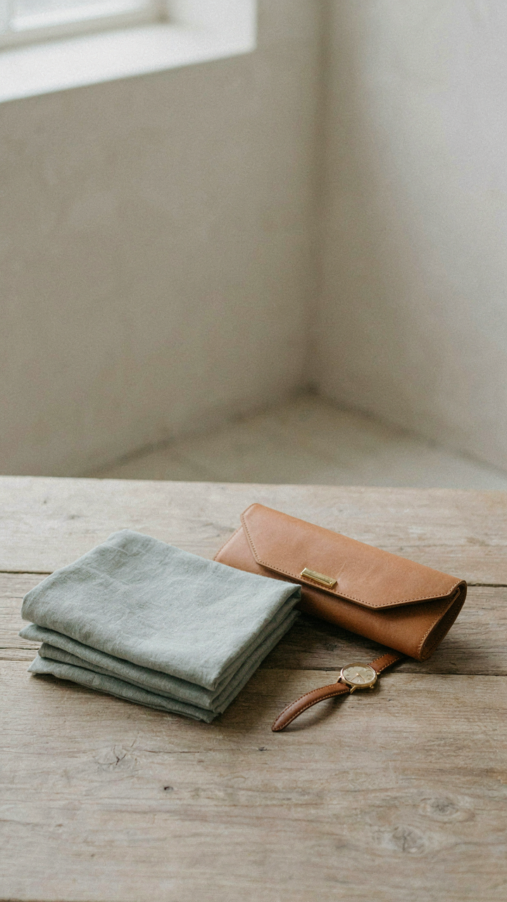 A folded linen blend wrap, an elegant clutch, and a watch on a bench.