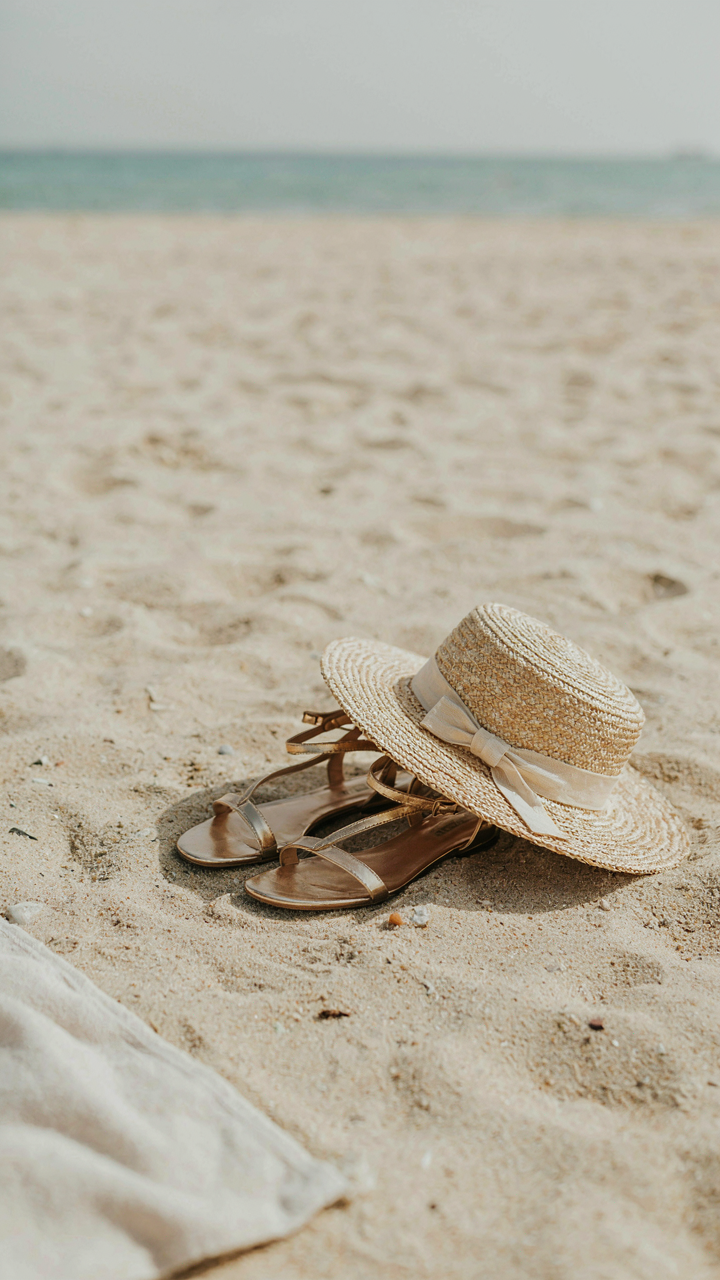 Elegant metallic flat sandals and a straw hat on clean sand.