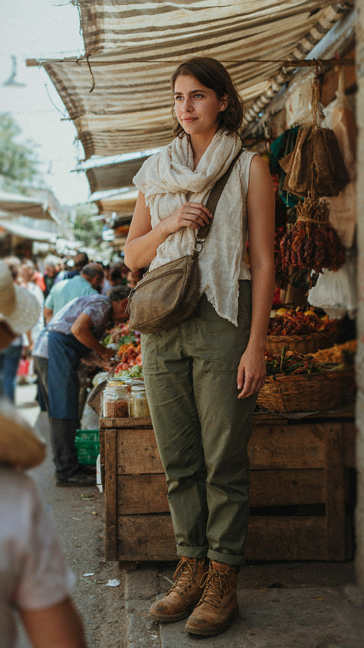 A person wears a linen scarf and a secure crossbody bag in a market.