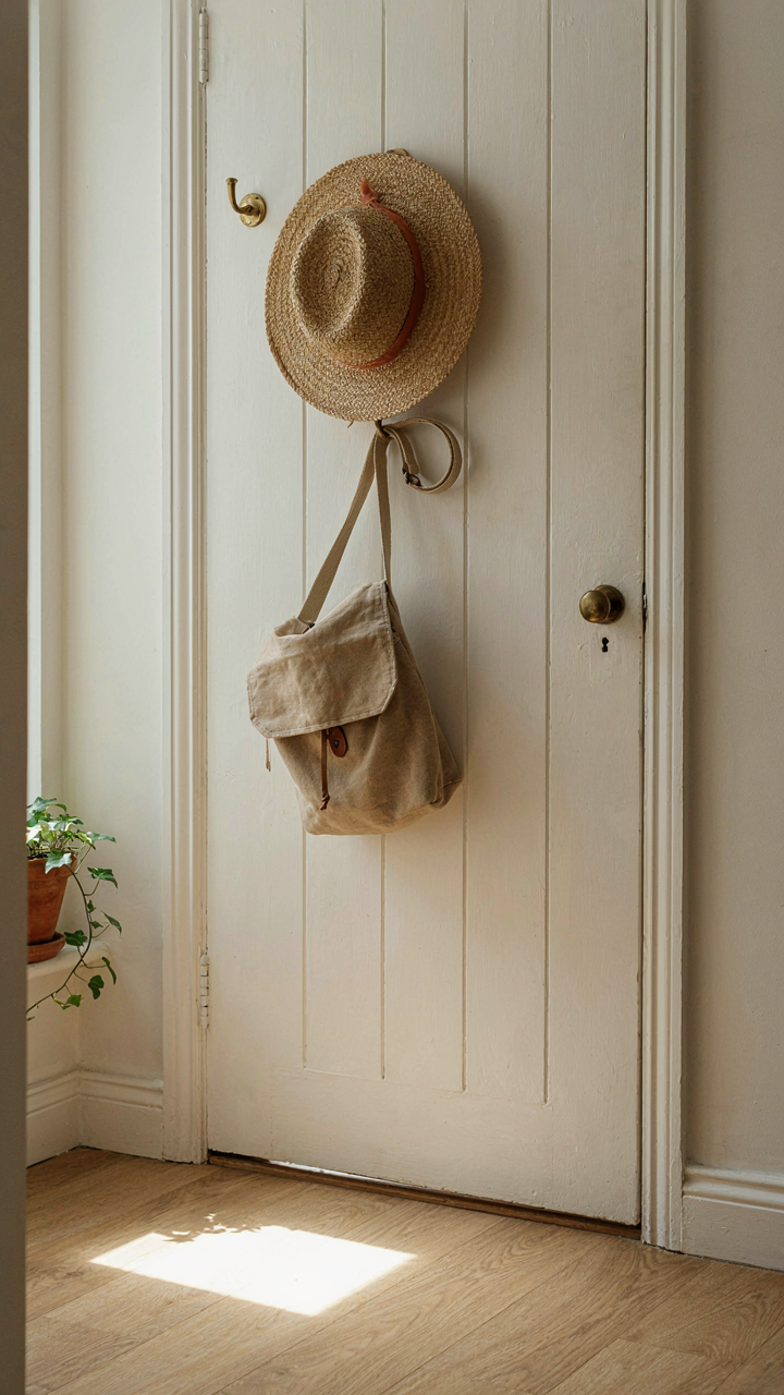 A canvas crossbody bag and a sun hat hang on a hook.