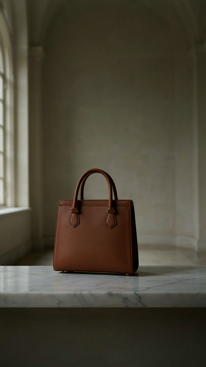 An elegant structured leather handbag sits on a polished marble bench.