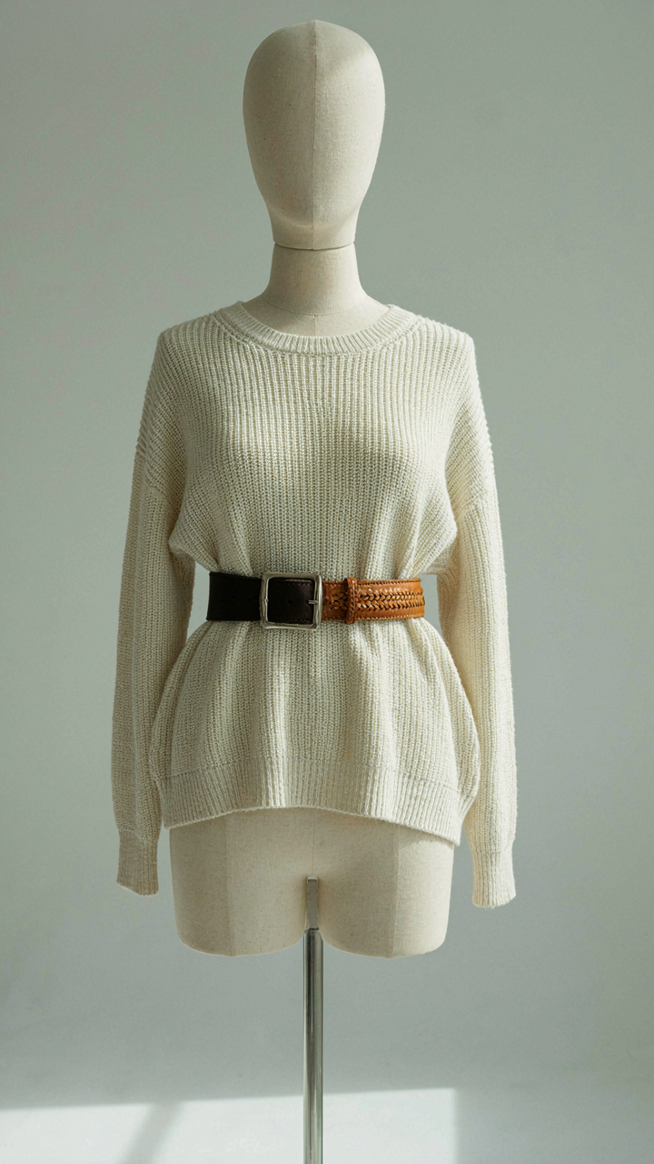 A neutral sweater styled with different belts for formal and casual looks.