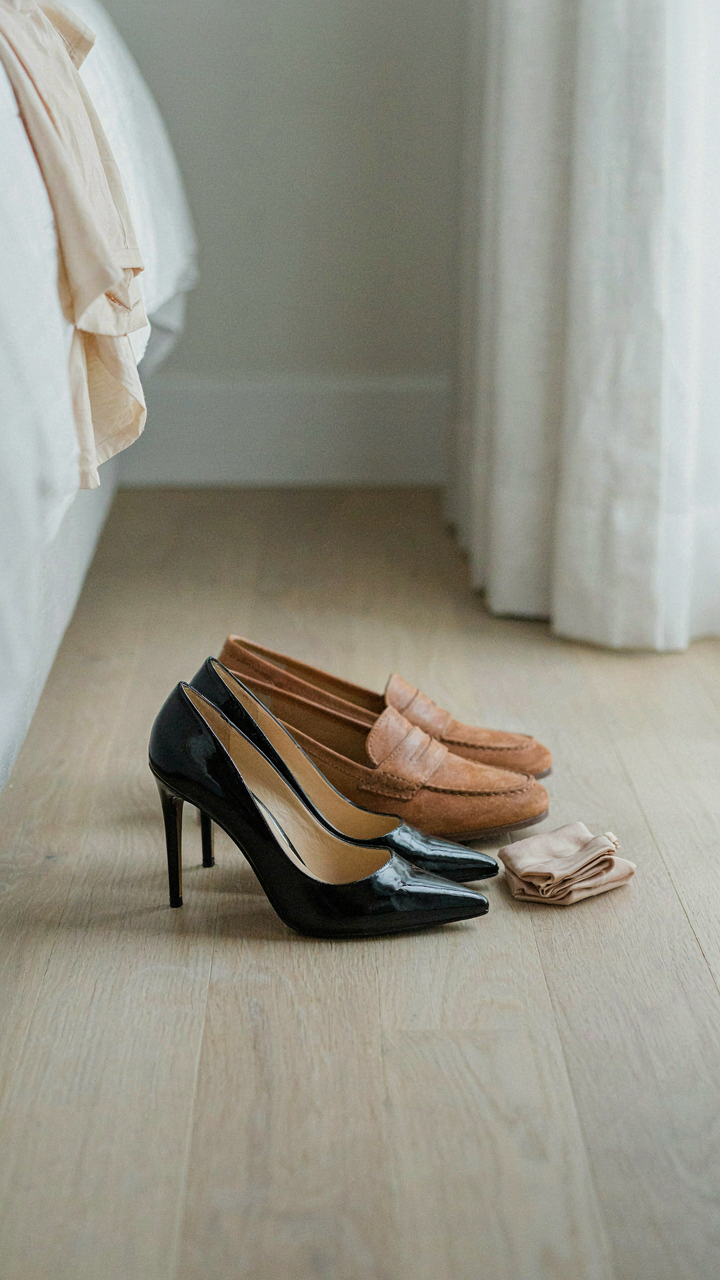 Two pairs of shoes, one dressy and one casual, are on a hotel room floor.