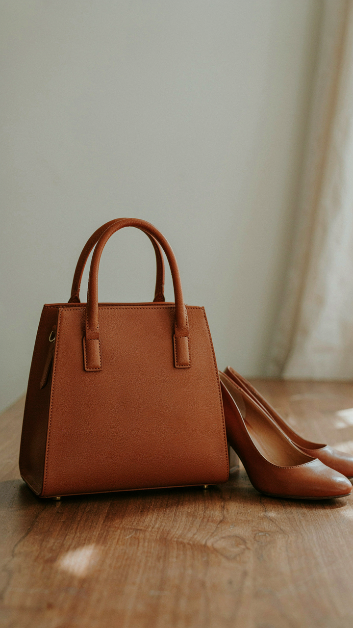 A structured cognac leather handbag and low block heels.