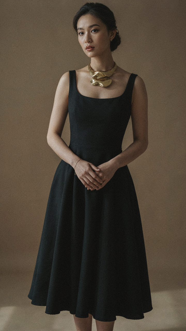 An elegant woman wearing an a line cocktail dress and a single statement necklace.