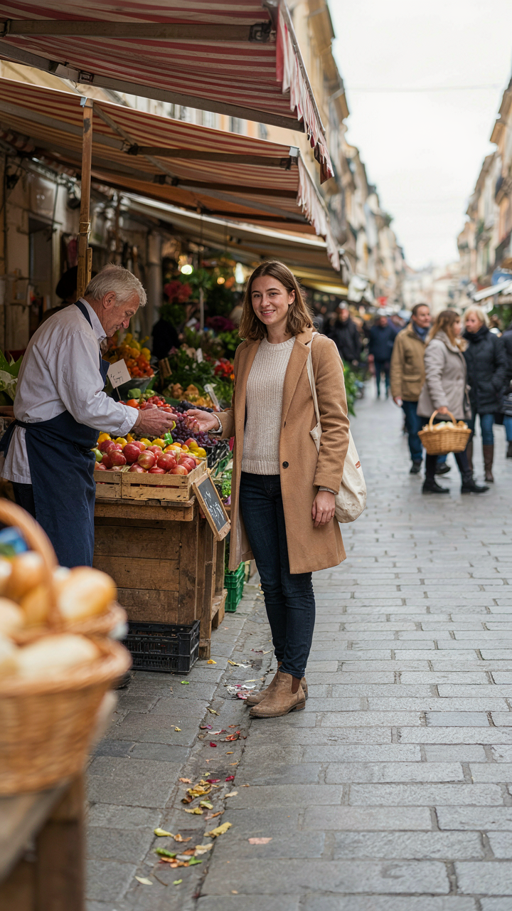 Woman observing people in a bustling European market.
