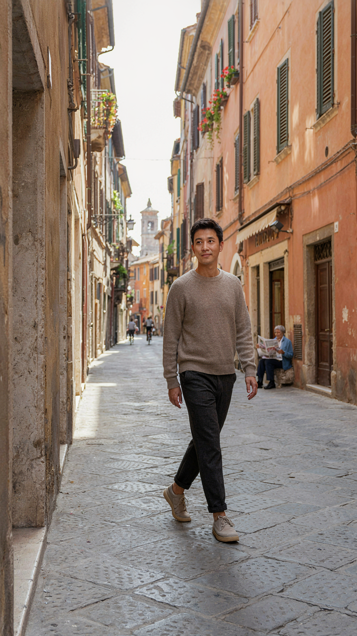 Person in comfortable shoes walking on a cobblestone street in a city.