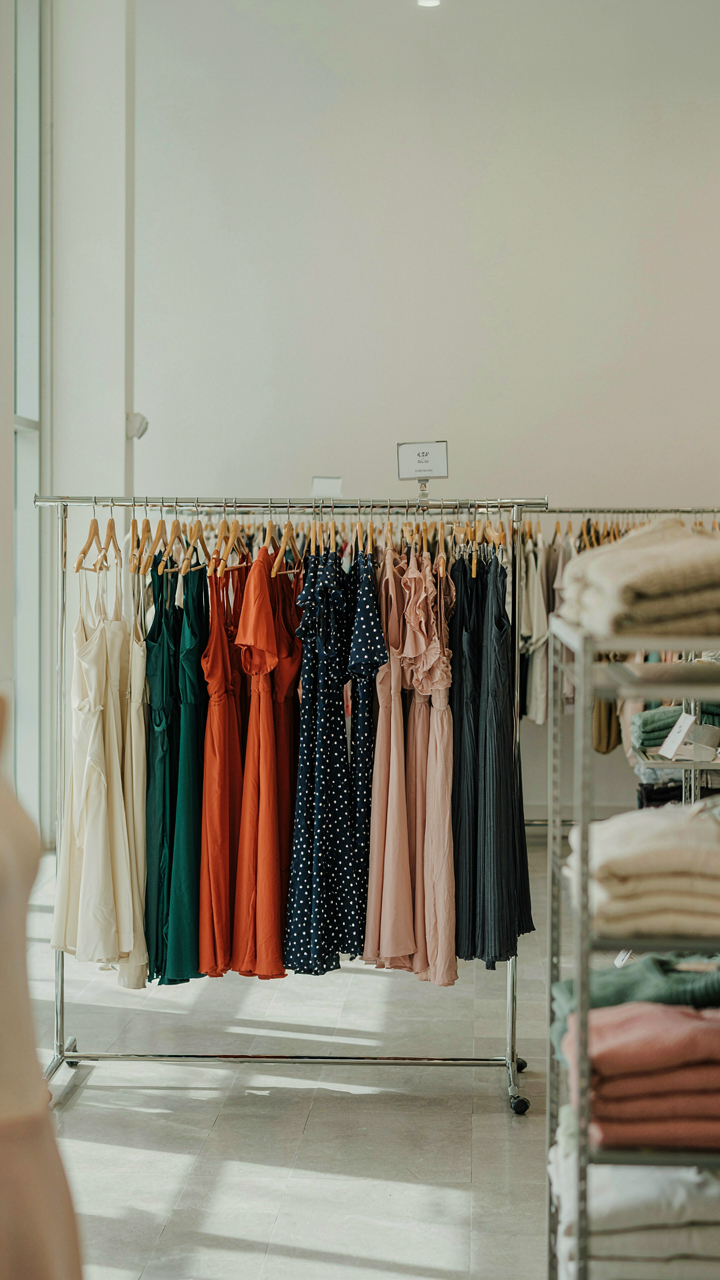 A neatly organized clearance rack in a department store holds various dresses.