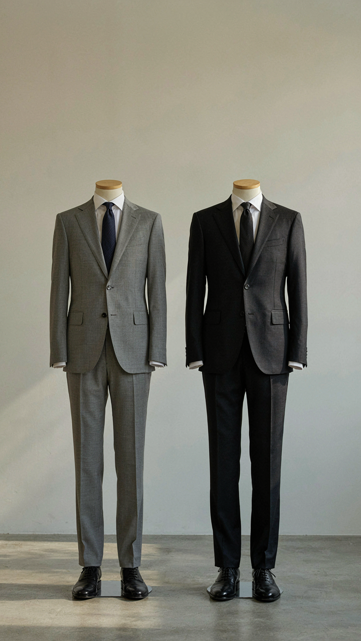 Two suits, one light gray and one dark charcoal, stand under changing afternoon light.