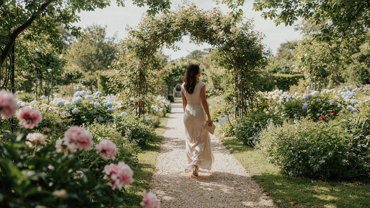 A woman in a beautiful afternoon wedding guest outfit laughs walking through a sunny garden.
