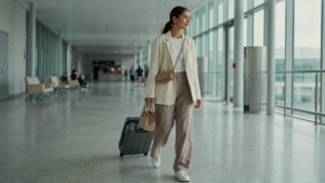 A woman confidently walking through an airport, showcasing a comfortable yet polished airport