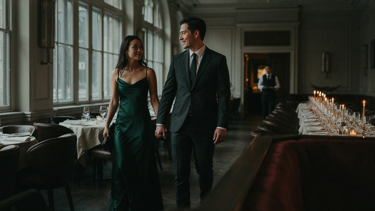 A couple in elegant anniversary dinner outfits smiles while walking through a restaurant.