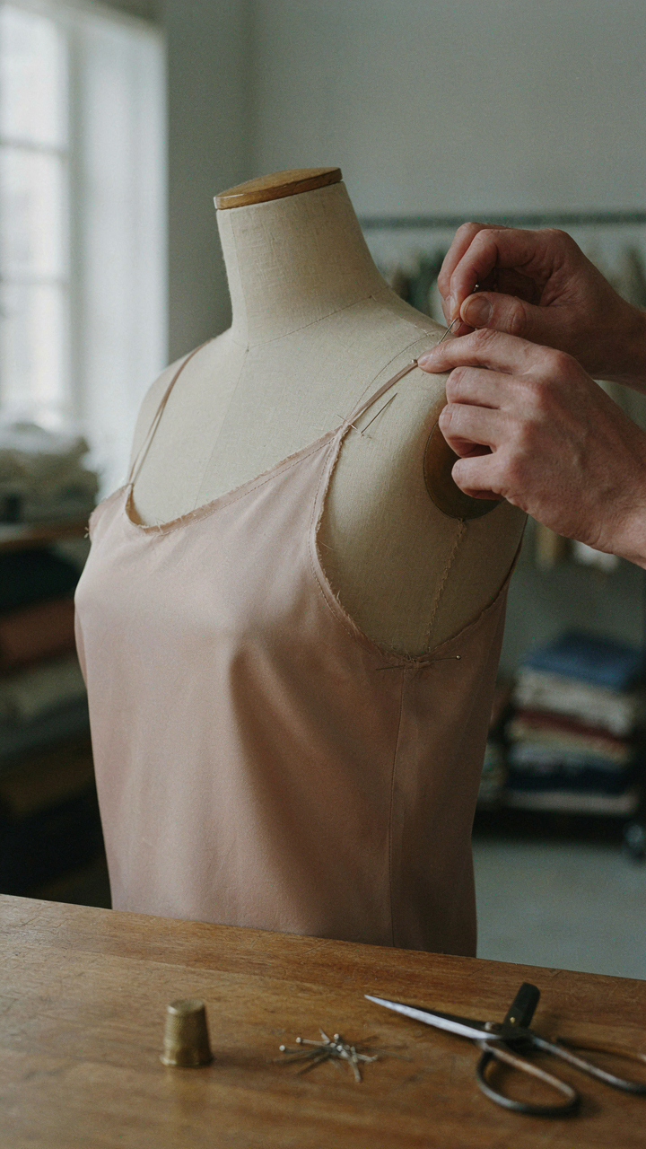 A tailor adjusts the shoulder seam of a dress on a mannequin with precision.