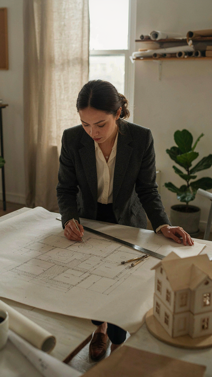 An architect sketches blueprints for a building with precise lines and geometric shapes.