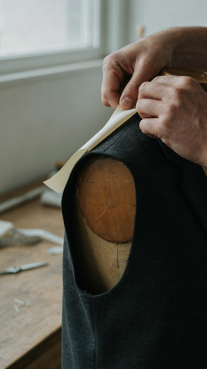 A tailor's hands meticulously pin interfacing into a garment.