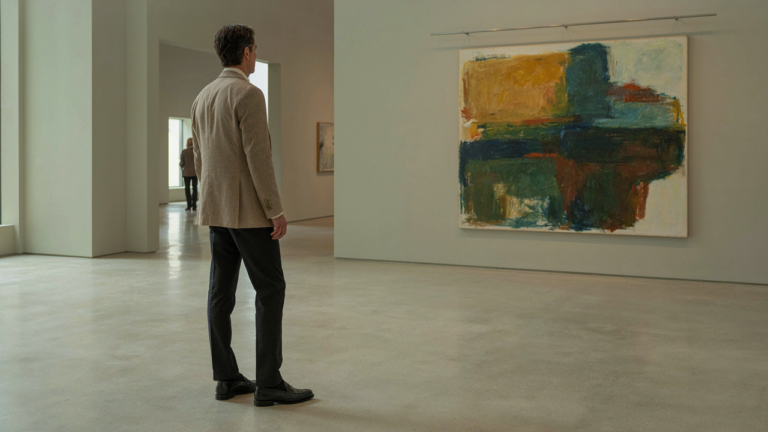 A person in a tailored blazer confidently views art in a modern gallery.