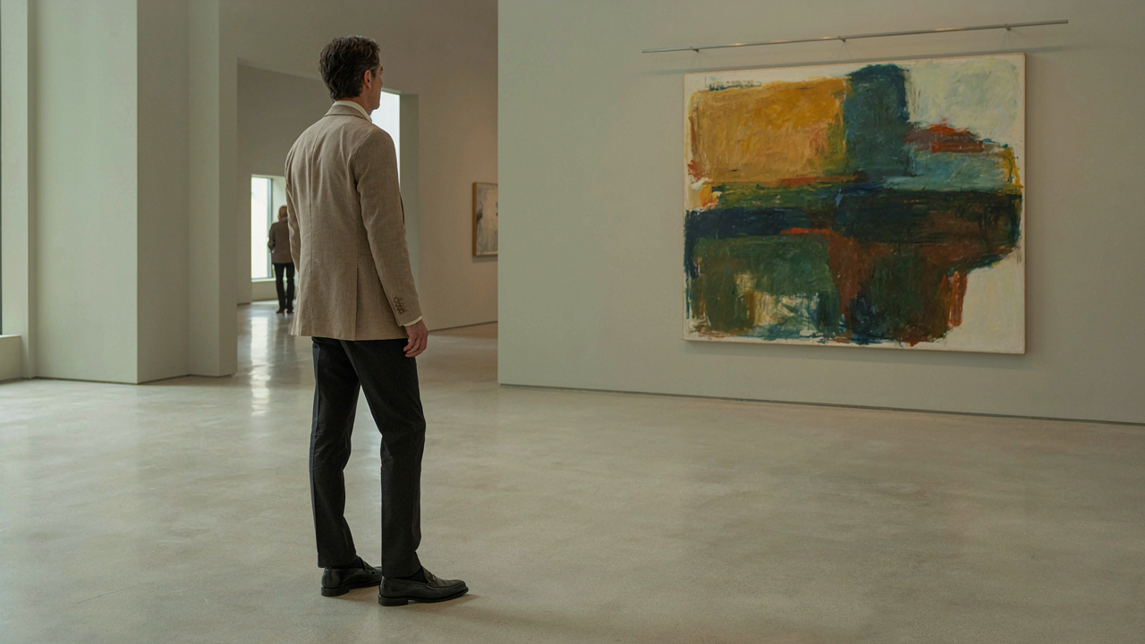 A person in a tailored blazer confidently views art in a modern gallery.