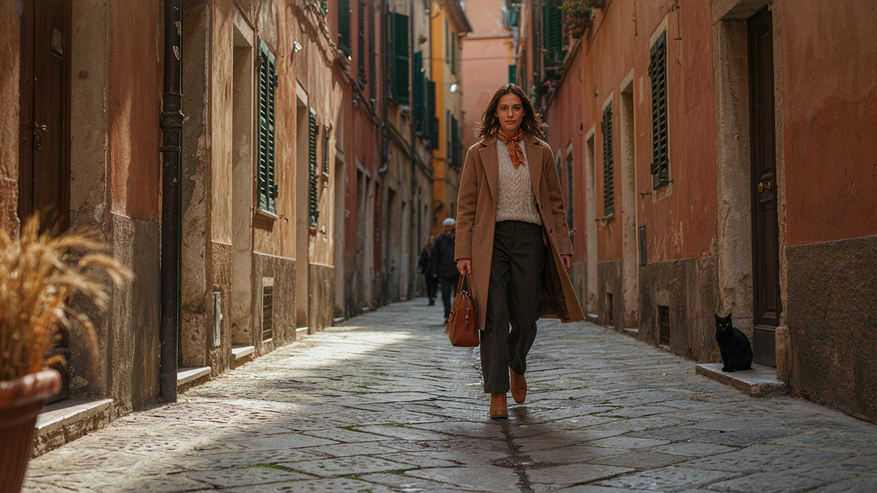 A woman walks on a cobblestone street with a single bag, wearing autumn layers.