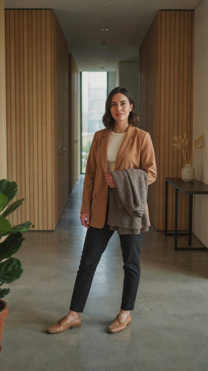 A woman in autumn dressy casual attire holds a wool cardigan in an office.