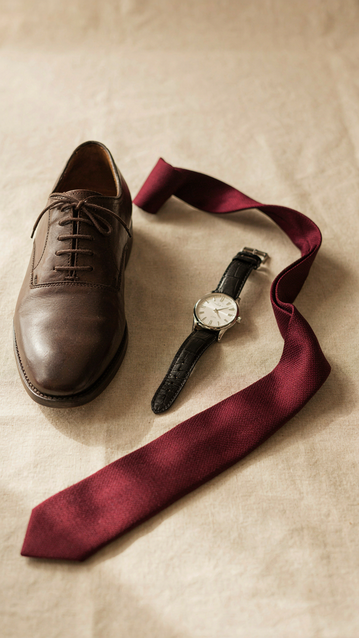 A dark leather oxford shoe, a classic watch, and a simple tie.
