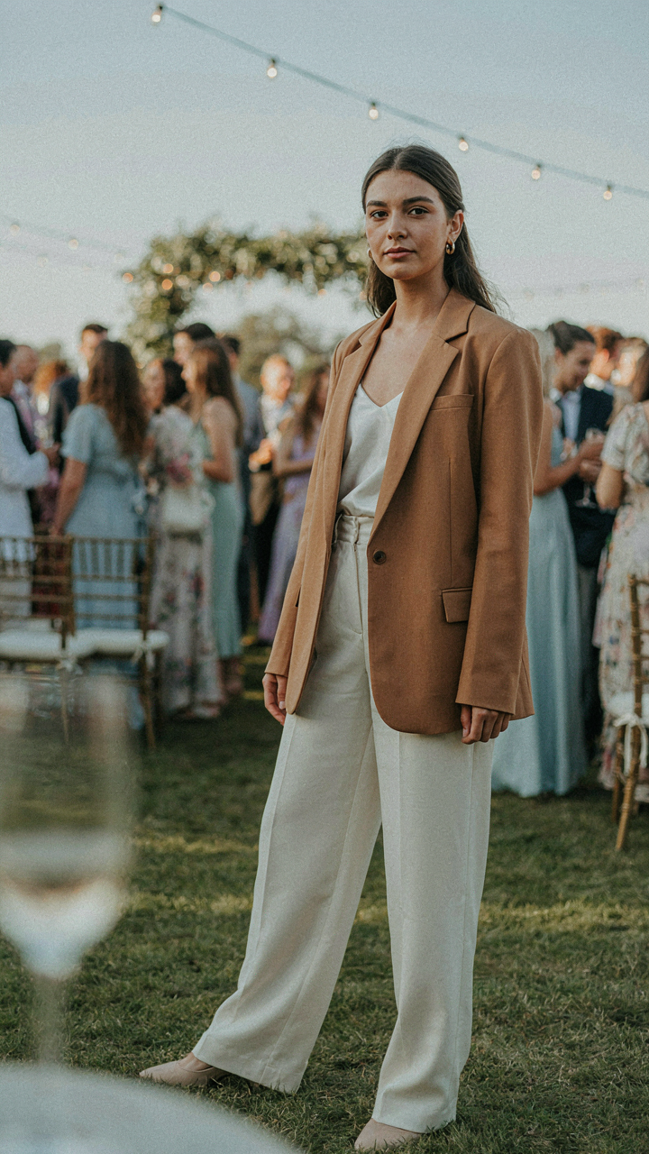 A person stands confidently in a refined outfit at an outdoor event.