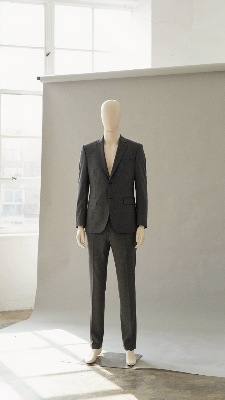 A perfectly tailored wedding guest pantsuit on a mannequin, showing proper fit.