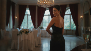 Woman in a black backless cocktail dress poses in a luxurious hotel ballroom.