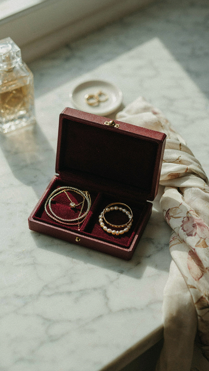 A luxurious jewelry box is open on a vanity, showing necklaces and bracelets.