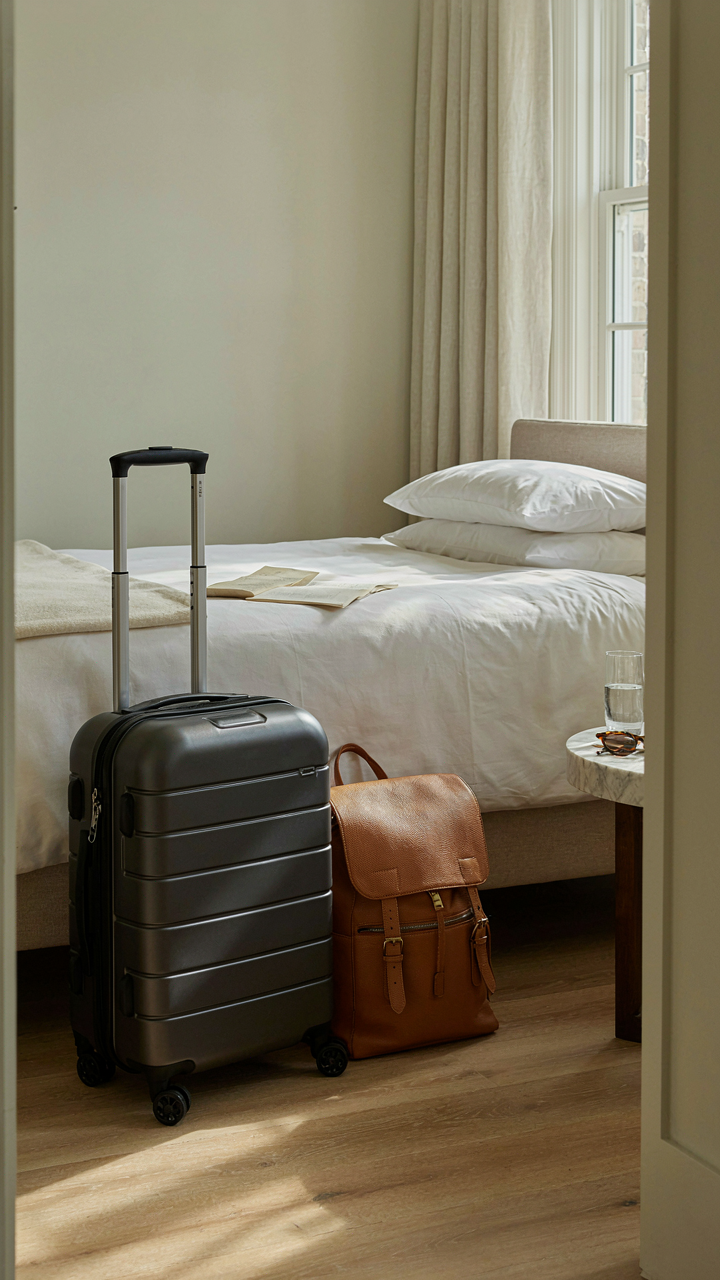 A rolling carry-on and a backpack sit ready in a hotel room.