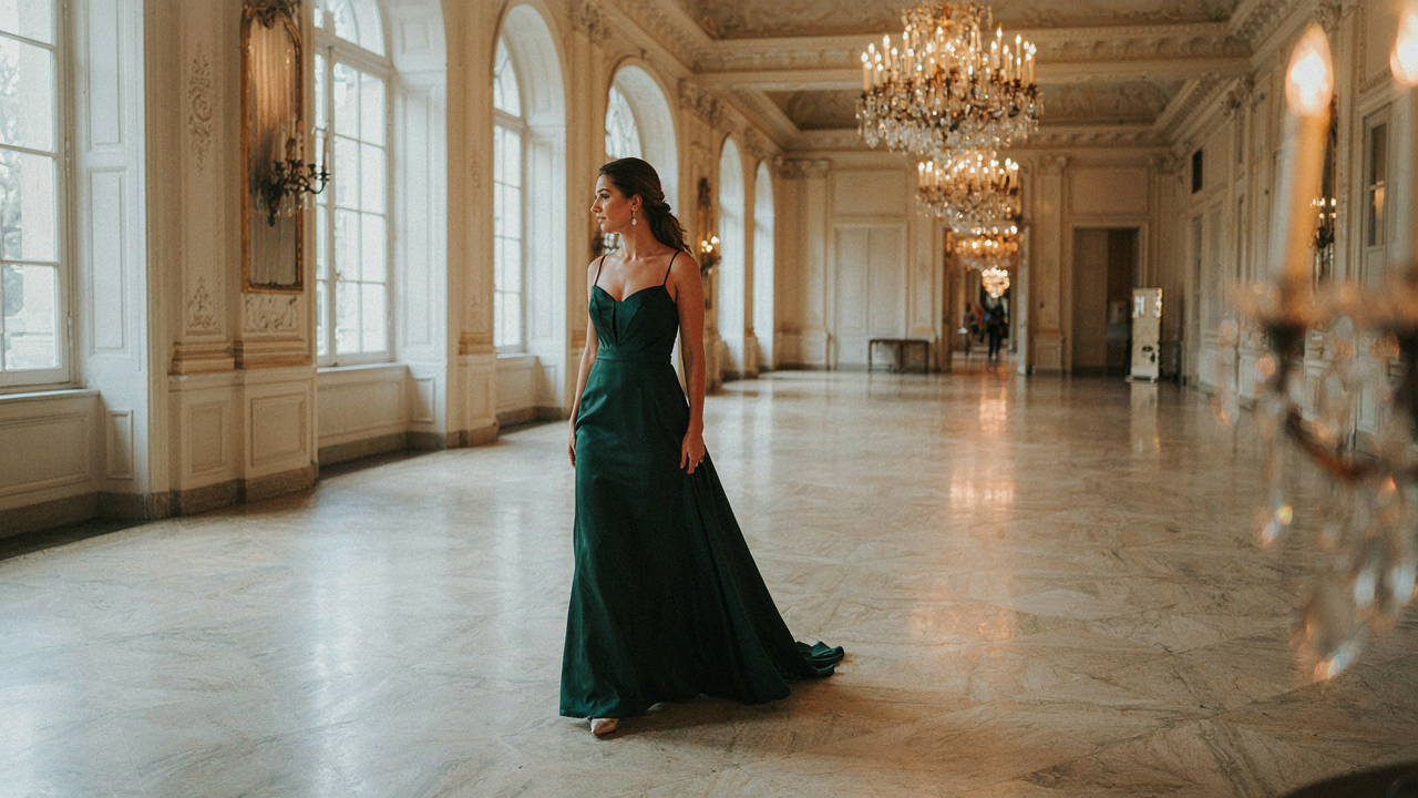 Woman in a formal ballroom wedding guest dress walking through a grand ballroom.