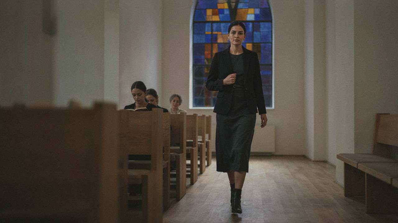 A woman in a dark midi dress and blazer walks confidently into a modern synagogue.