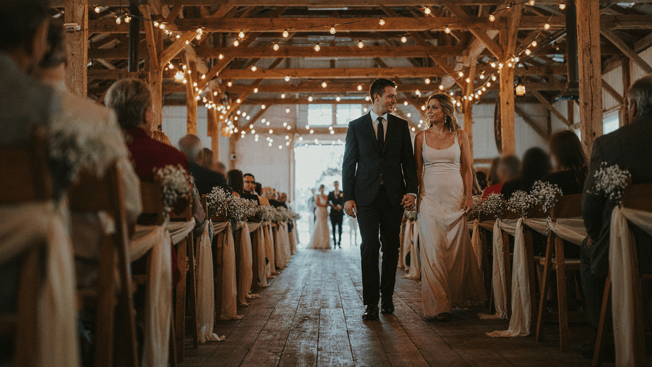 A couple walks through a barn aisle, dressed in elegant barn wedding guest attire.