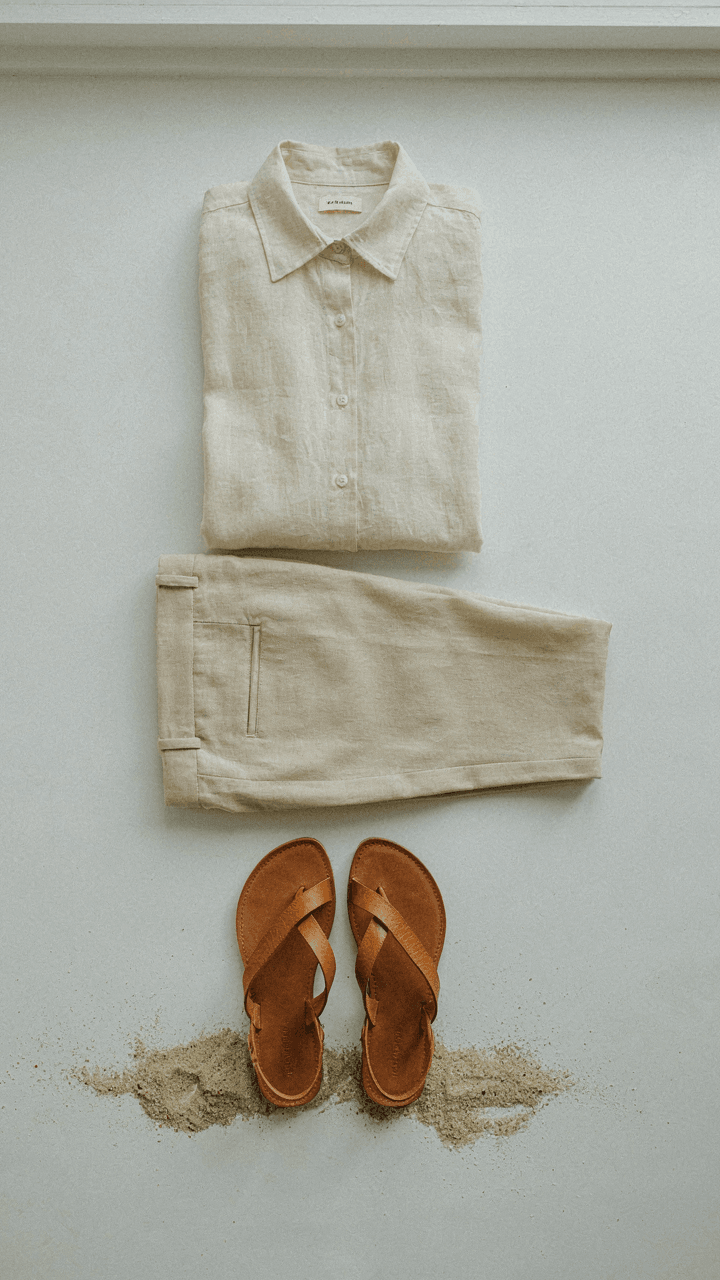 A cream linen shirt, tailored trousers, and woven leather sandals laid out.