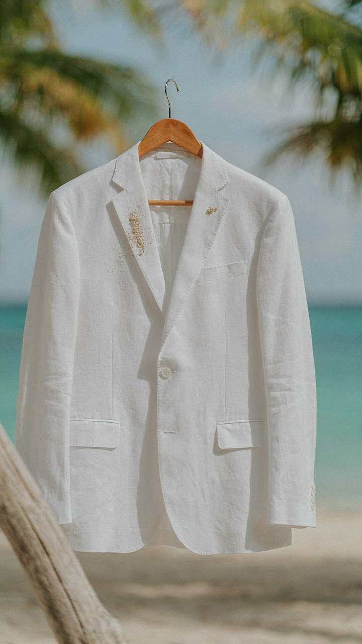 A white linen suit jacket with a few grains of sand on it.