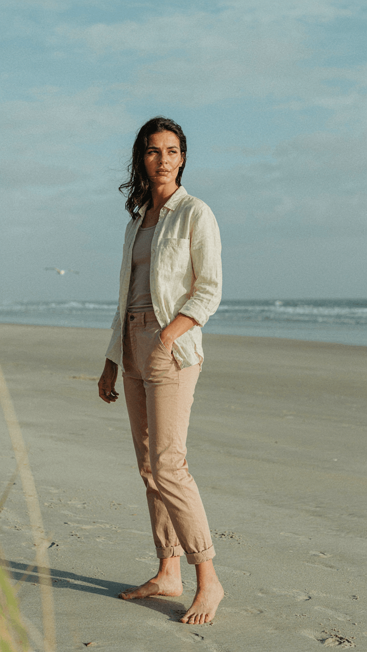 A person in a tailored linen shirt and high-rise trousers stands on a beach.