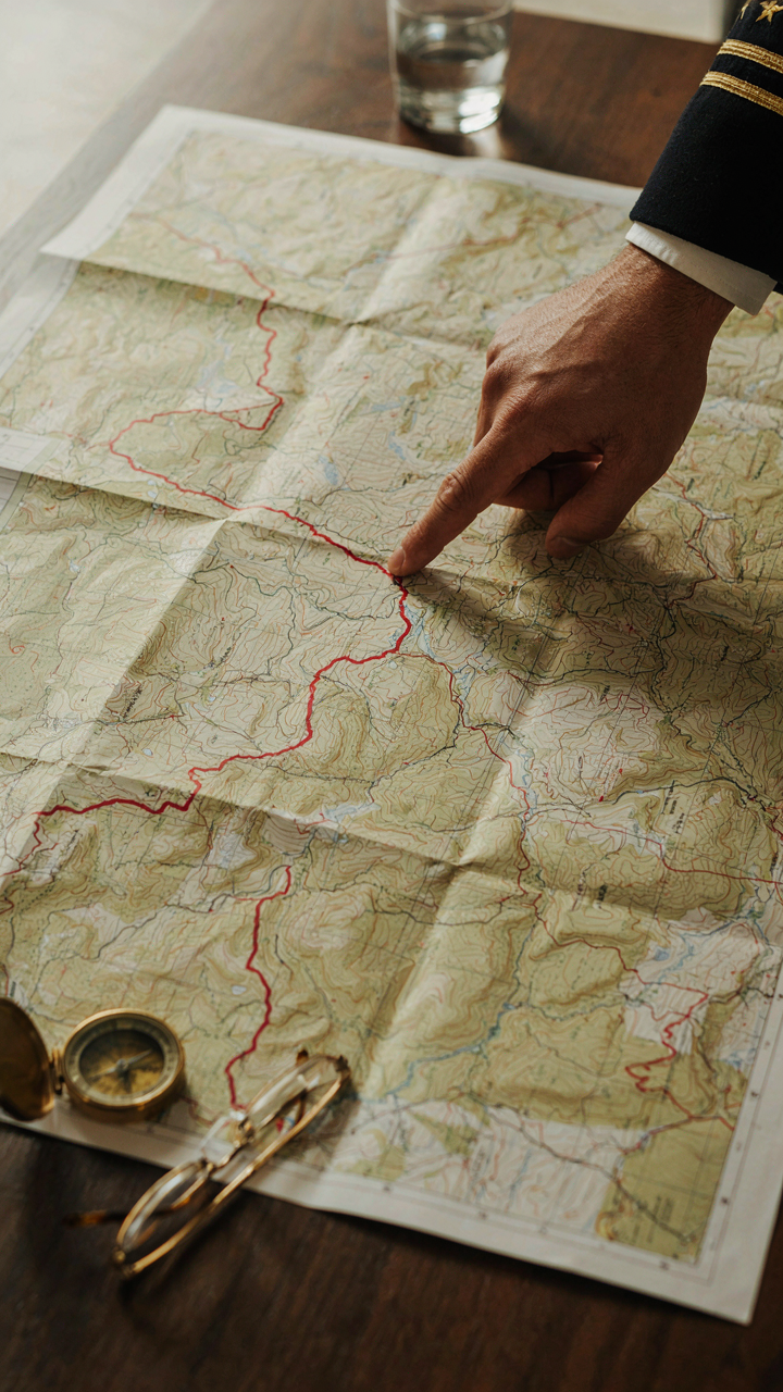 A general's hand points to a clear line on a military map.