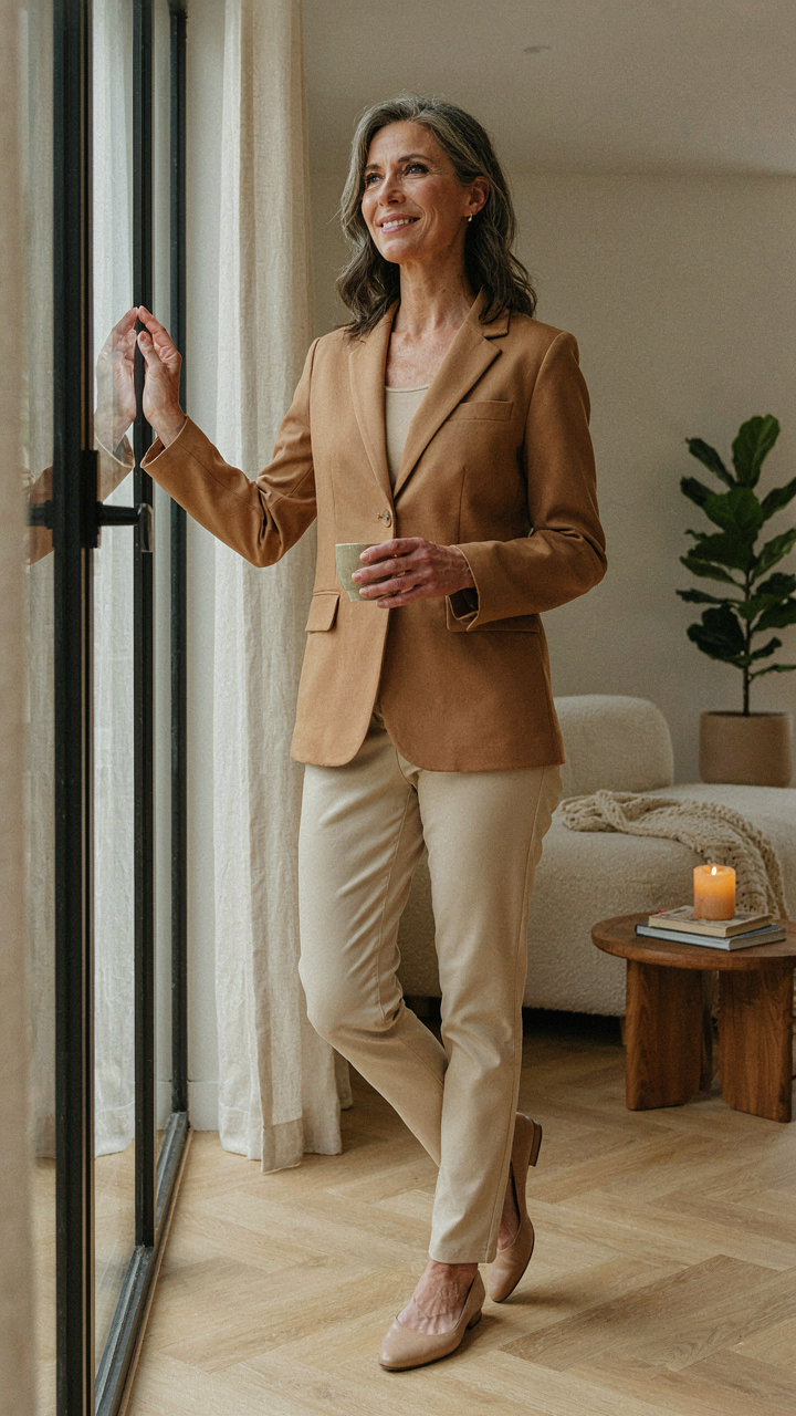 A confident woman over 50 wears a tailored blazer and trousers.