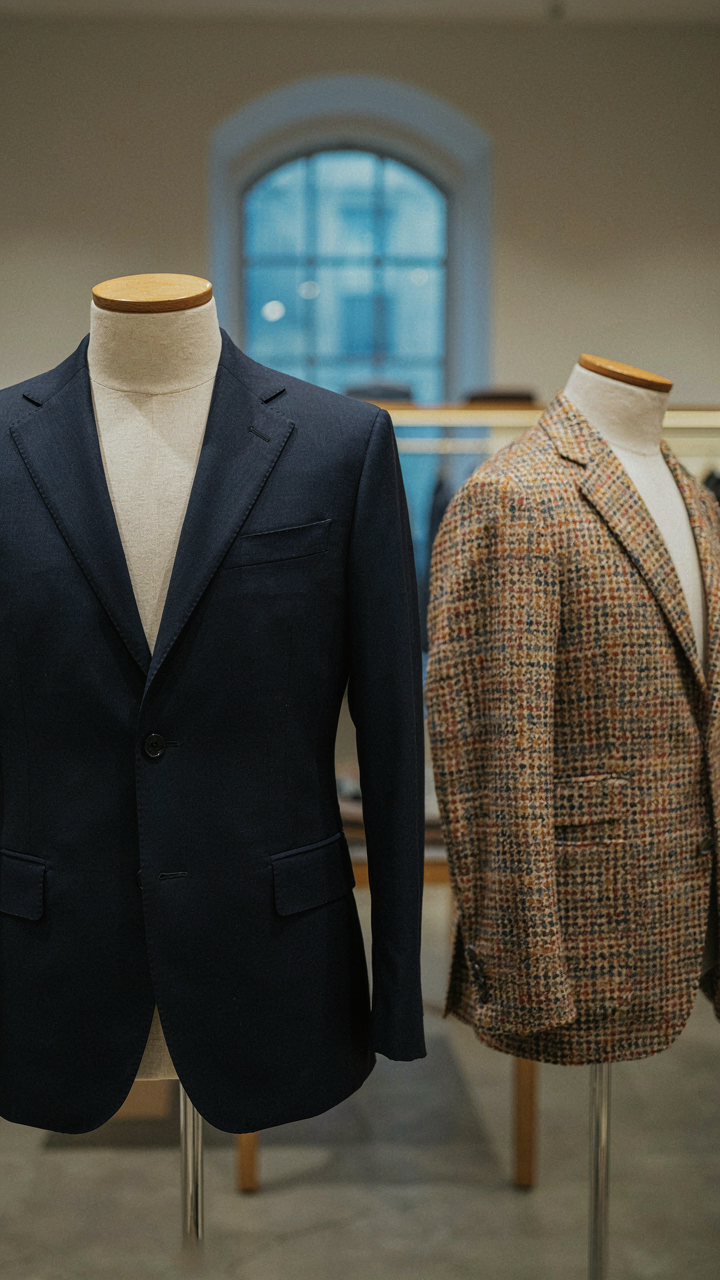 A perfectly tailored, solid navy blazer on a mannequin next to a rumpled, patterned blazer.